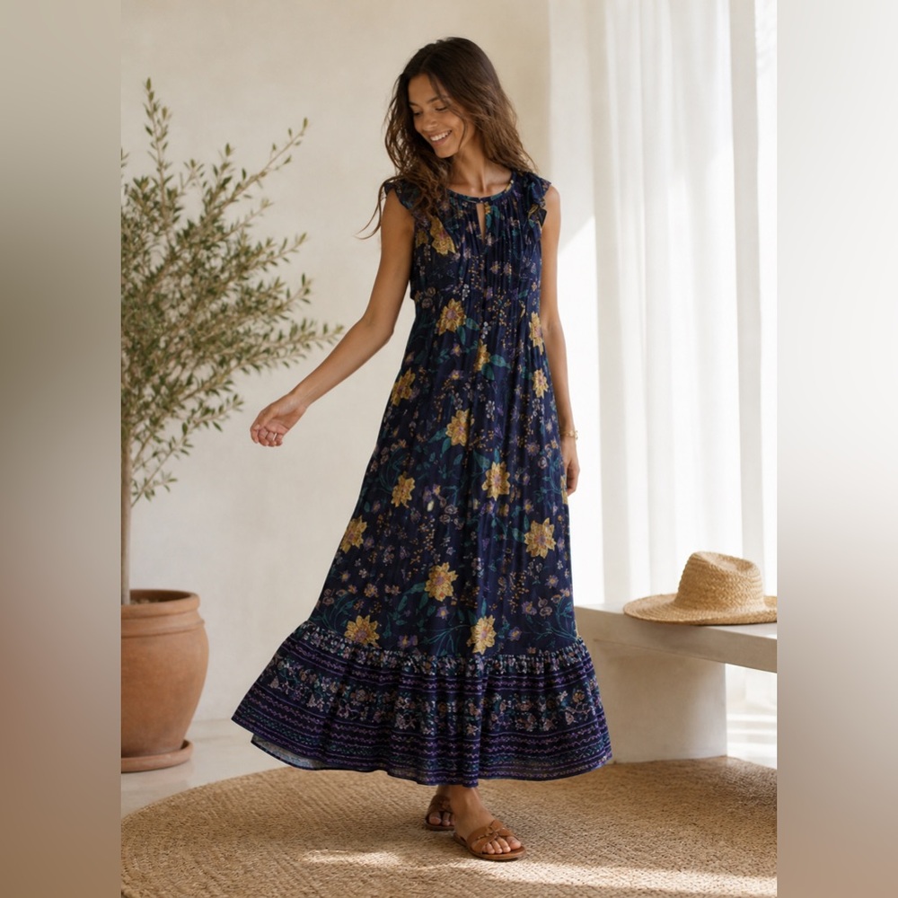 Blue Floral Maxi Dress with Cap Sleeves